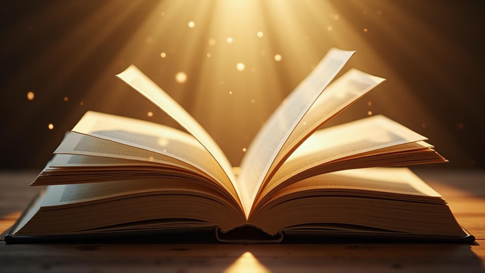 Open book pages with golden light